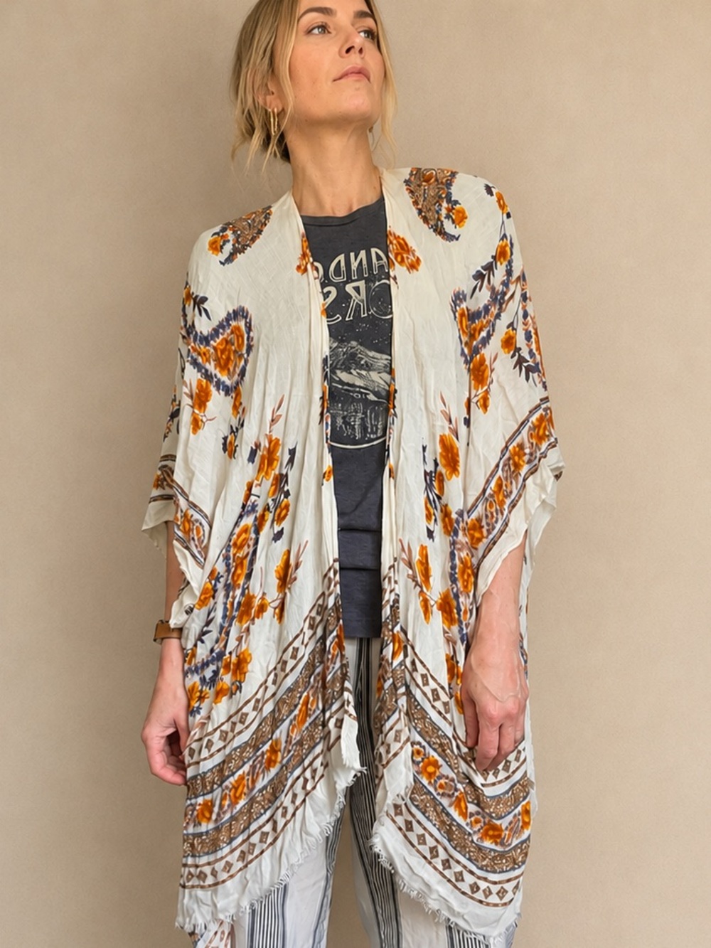 American Eagle Boho Floral Open Front Kimono Cardigan Fringe Hem One Size